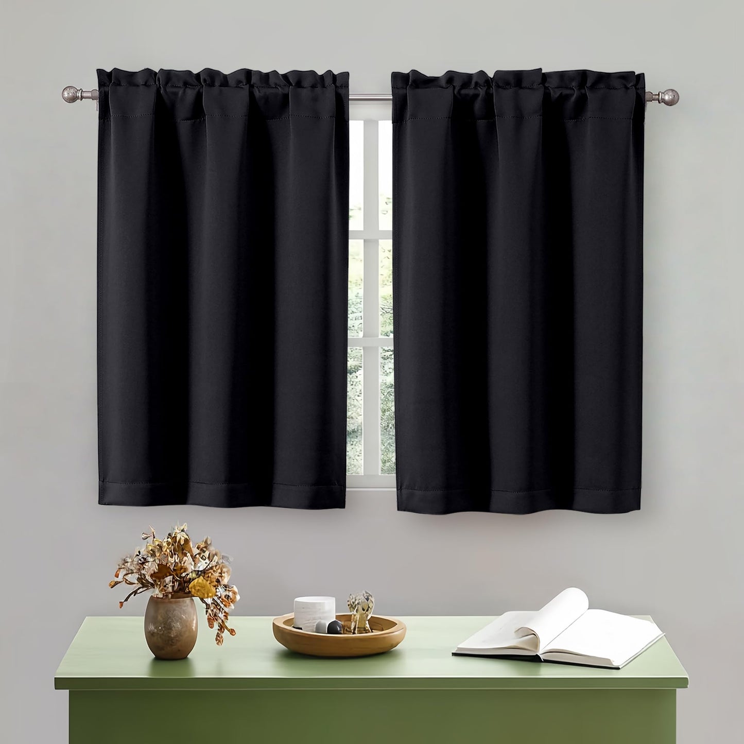 OWENIE Black Kitchen Curtains 36 Inch Length, Short Blackout Small Thermal Insulated Cafe Curtains Tier Over Sink Rod Pocket Half Window for Bathroom Bedroom Camper RV Bunk, 2 Panels, Each 30" Wx36 L