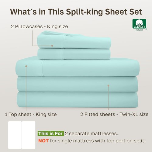 California Design Den Split King Bed Sheets Set - 100% Cotton, 400 Thread Count, Smooth Sateen Finish, Deep Pockets - Seafoam