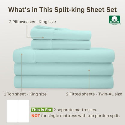 California Design Den Split King Bed Sheets Set - 100% Cotton, 400 Thread Count, Smooth Sateen Finish, Deep Pockets - Seafoam