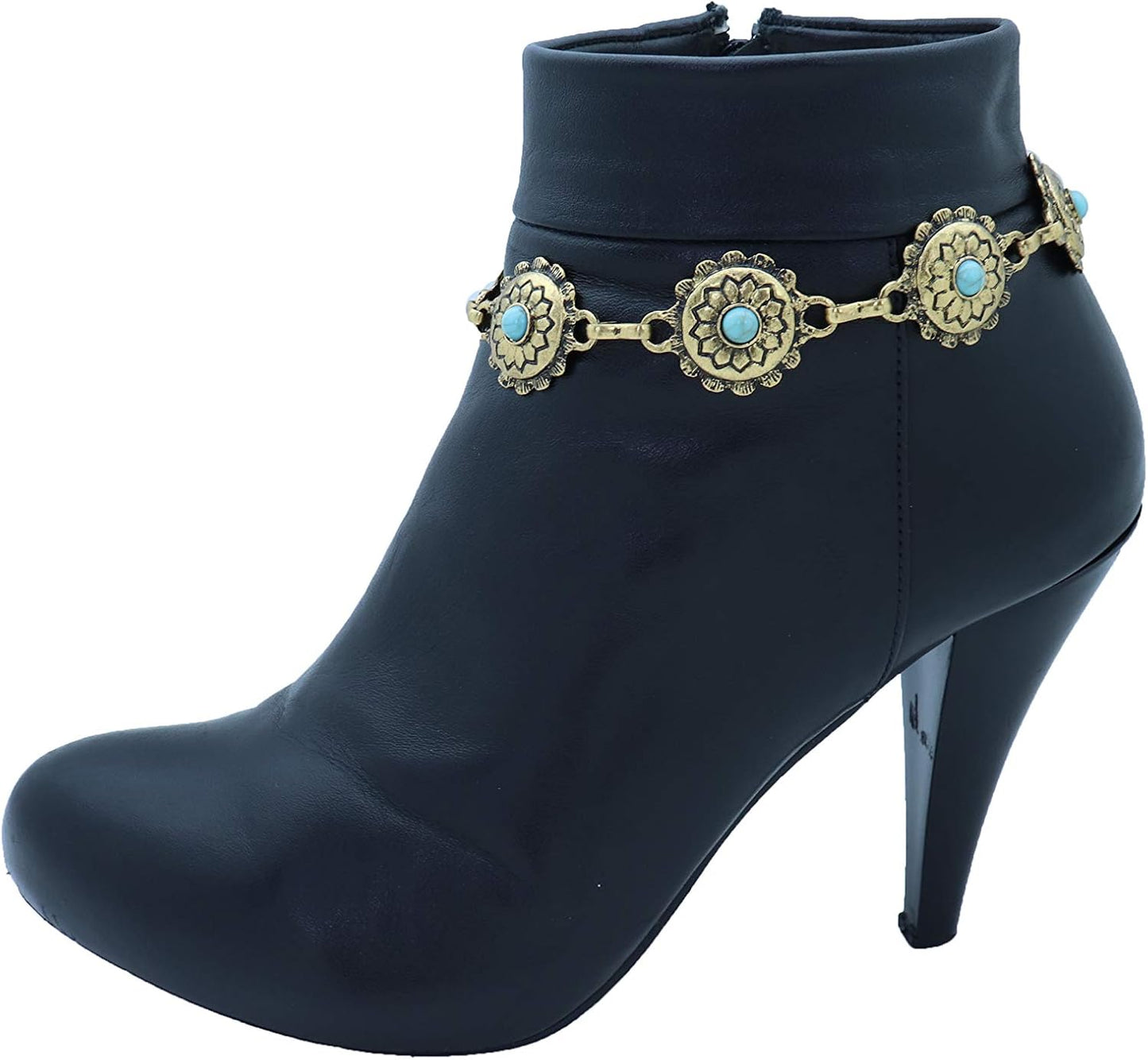 TrendyFashionJewelry | Women's Western Bohemian Boot Chain Bracelet Anklet - Antique Gold with Blue Flower Charm