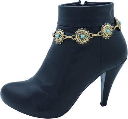 TrendyFashionJewelry | Women's Western Bohemian Boot Chain Bracelet Anklet - Antique Gold with Blue Flower Charm