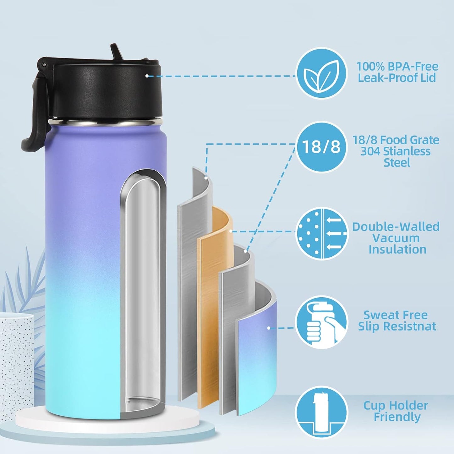 Volhoply 18oz Insulated Kids Water Bottle - Stainless Steel with Straw Lid | Double Wall Vacuum, Purple Blue