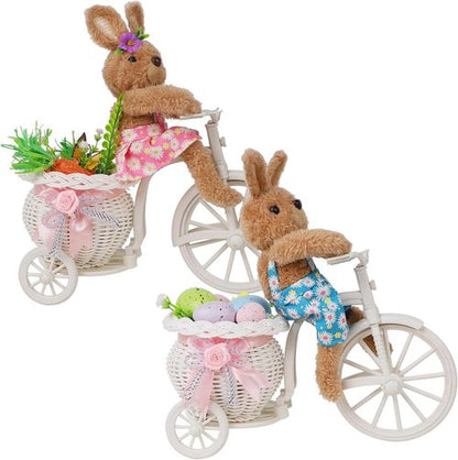 Juegoal Easter Tabletop Decorations - Set of 2 Bunny Couple Riding Bikes | 10" Cute Animal Figurines for Spring Home Decor
