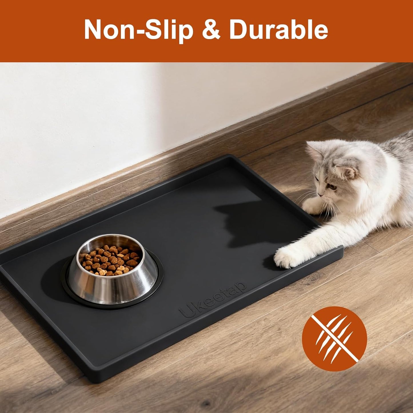 Skiennix Extra Thick Silicone Dog & Cat Food Mat - Waterproof, Non-Slip, 19” x 12”, Black