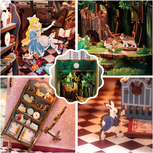 Hands Craft DIY Book Nook Kit - Miniature House with LED Lights | 3D Wooden Puzzle Bookends