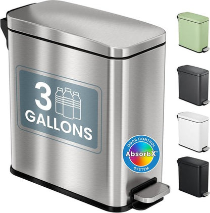 iTouchless 3 Gallon Stainless Steel Trash Can - Soft-Step Lid & Deodorizer | Fingerprint-Proof Silver Bin for Bathroom & RV