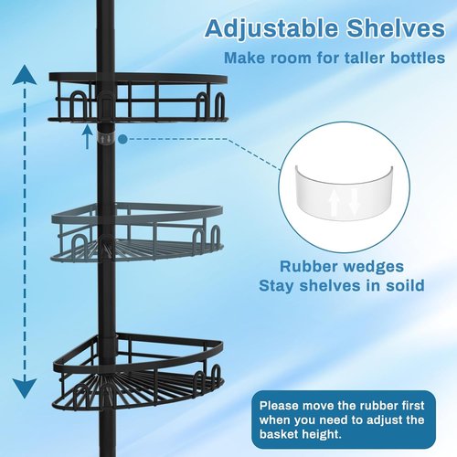 Cutefafa Rustproof Corner Shower Caddy - Adjustable Tension Pole with 4 Large Baskets & Towel Bar | 23.6 to 114.5 Inch