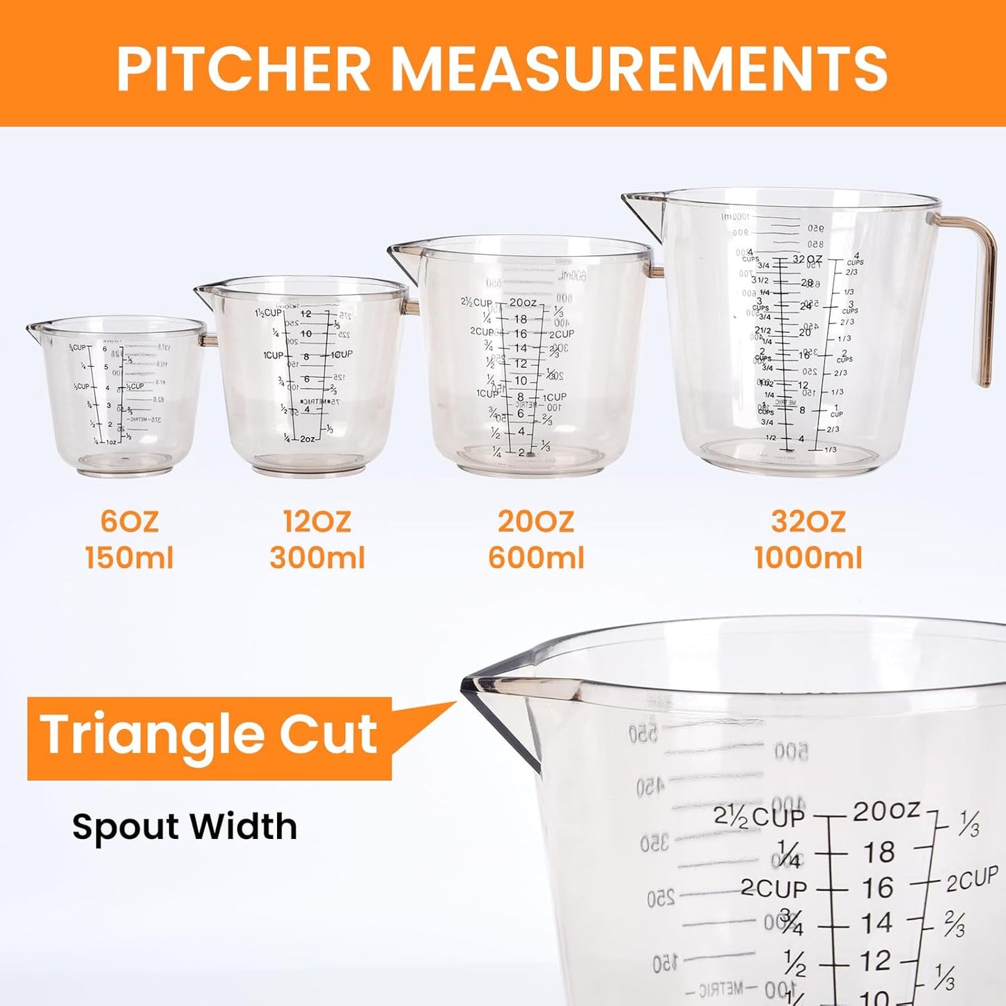Skiennix 4-Cup Measuring Cups Set - BPA-Free Plastic with Nozzle Handle | 150/300/600/1000ML Sizes (Black)