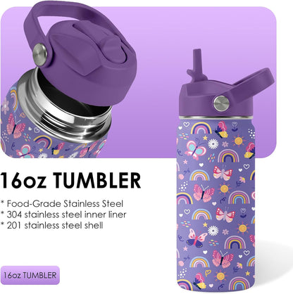 Skiennix 16oz Purple Kids Water Bottle - Stainless Steel Insulated Tumbler with Straw Lid | Leakproof & BPA-Free, Perfect for School & Travel
