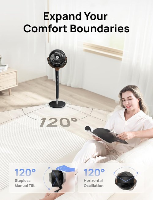 DREO Oscillating Standing Fan - Quiet 9-Speed Pedestal Fan with 120° Rotation & Adjustable Height 37-42" - Dark Gray