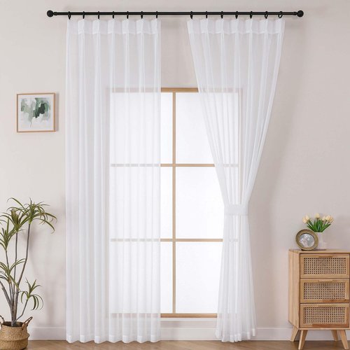 OWENIE White Pinch Pleated Sheer Curtains 84 Inches Long 2 Panels Set for Bedroom Living Room, Soft Airy Light Filtering Sheer Privacy Curtains Drapes, White, 2Pcs, Each 40x84 Inch