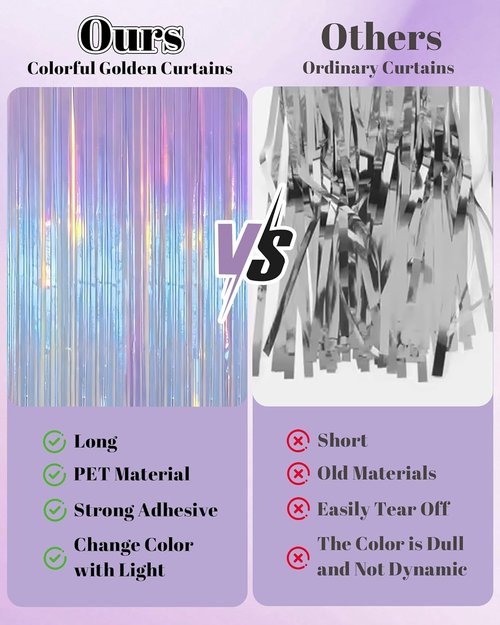 Iridescent Purple Party Streamers - 2 Pack Neon Holographic Tinsel Backdrop | 3.31 x 6.6 ft for Events