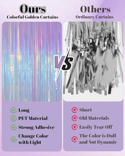 Iridescent Purple Party Streamers - 2 Pack Neon Holographic Tinsel Backdrop | 3.31 x 6.6 ft for Events