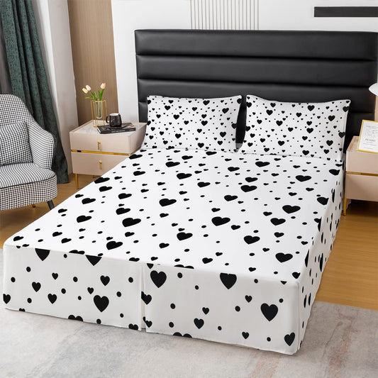 Black and White Bed Skirt Queen Size, Hearts Bed Skirts for Kids Boys Girls Bedroom, Cute Love Hearts Dust Ruffle Pleated Bedskirt Teens Bedding Decor, Romantic Heart Geometric Pattern 15 Inch Drop