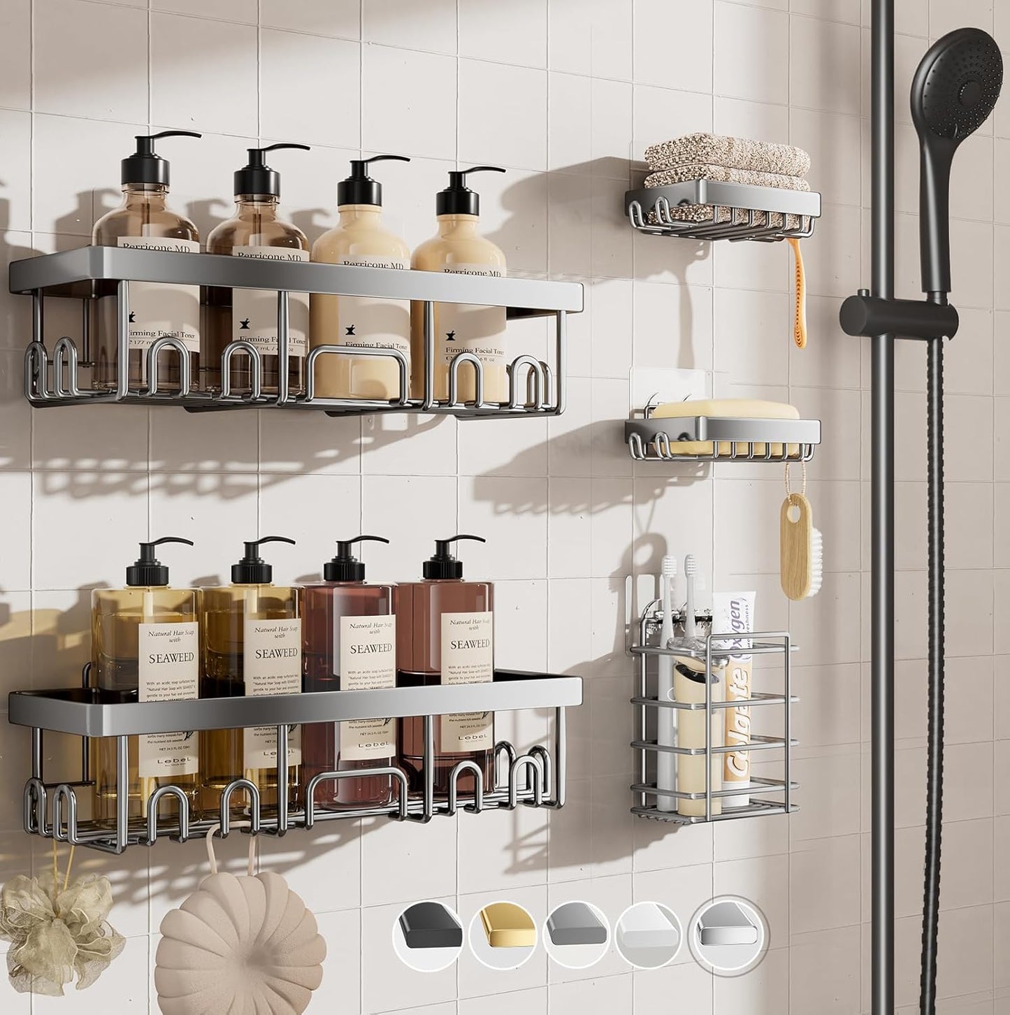 Veken Adhesive Shower Caddy - Heavy-Duty Wall-Mounted Organizer with Soap Dish & Toothbrush Holder | Silver 5-Pack