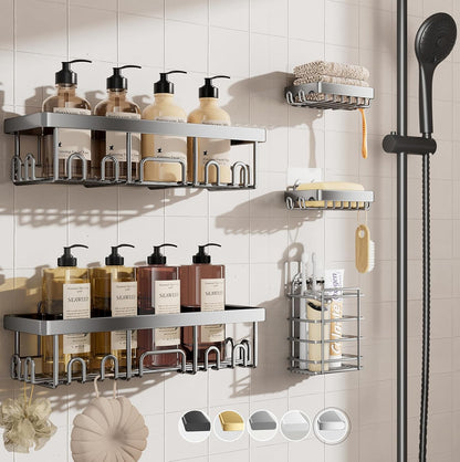 Veken Adhesive Shower Caddy - Heavy-Duty Wall-Mounted Organizer with Soap Dish & Toothbrush Holder | Silver 5-Pack