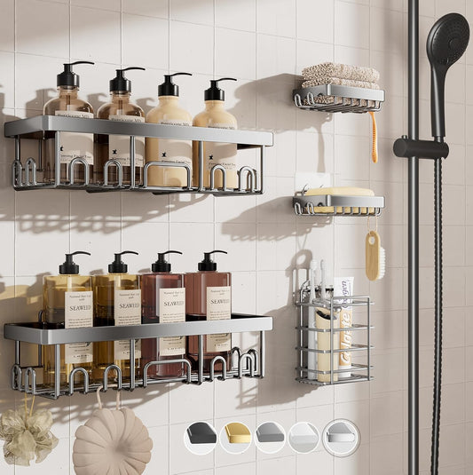 Veken Adhesive Shower Caddy - Heavy-Duty Wall-Mounted Organizer with Soap Dish & Toothbrush Holder | Silver 5-Pack