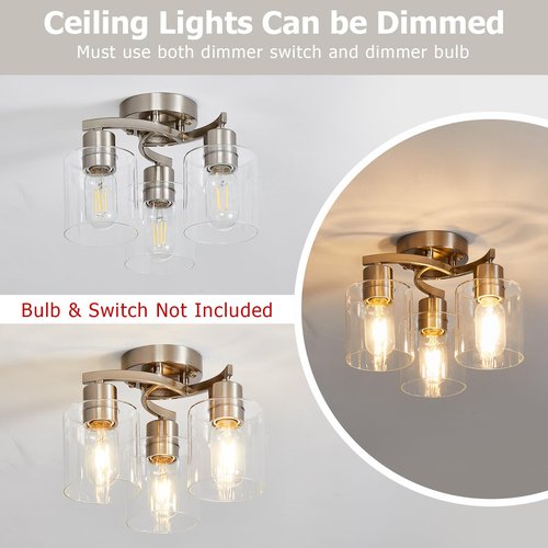 Doltoro Brushed Nickel Ceiling Light Fixtures, 3-Light Kitchen Light Fixture, Modern Flush Mount Ceiling Light Mount with Clear Glass Shade for Foyer Stairs Hallway Entryway Bedroom