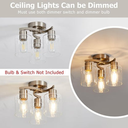 Doltoro Brushed Nickel Ceiling Light Fixtures, 3-Light Kitchen Light Fixture, Modern Flush Mount Ceiling Light Mount with Clear Glass Shade for Foyer Stairs Hallway Entryway Bedroom