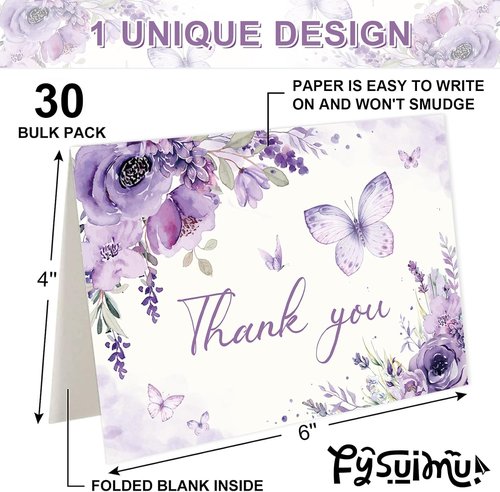FYSUIMU Thank You Cards - 30 Pack Spring Floral Design with Lavender Butterflies | 4 x 6 Inch