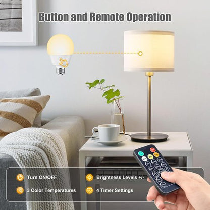 Brightown E26 Rechargeable Light Bulb - Remote Timer & 3 Color Temperatures | Battery Backup for Sconces & Lamps, 700LM