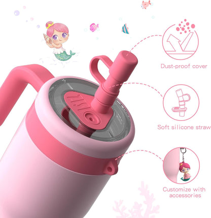 OISIZ 14oz Kids Tumbler - Leakproof Stainless Steel Cup with Straw Lid & Handle | Pink