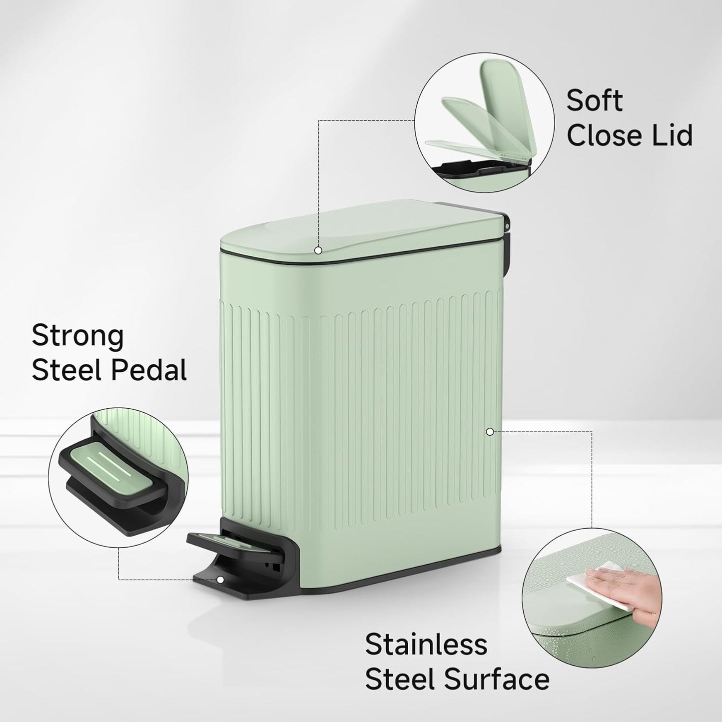 TIPGO Slim Bathroom Trash Can - Soft Close Lid & Step Pedal - 6 Liter Stainless Steel Bin (Green)