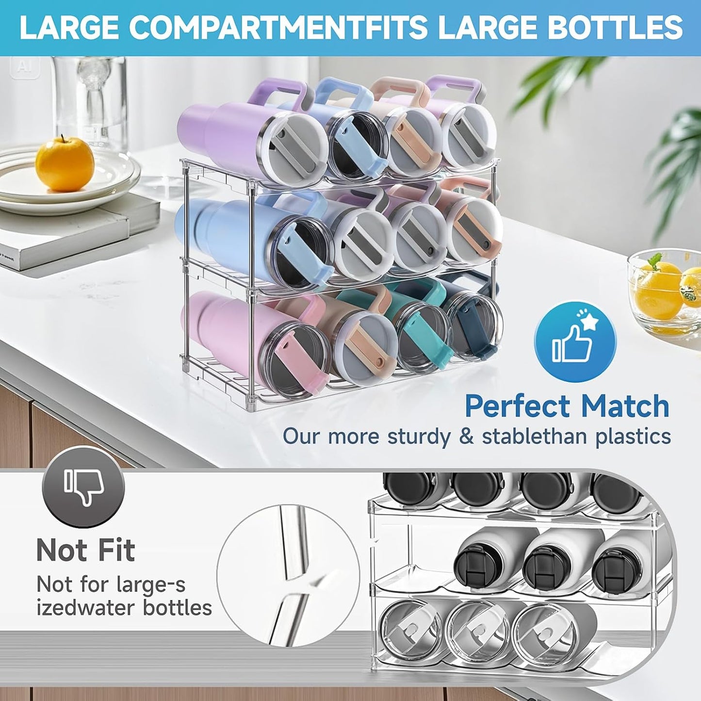 Stanley Water Bottle Organizer - Stackable Holder Rack for 40 oz Tumblers | 3-Pack Kitchen Storage Solution
