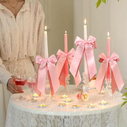 Skiennix 12 Pcs Pink Candlestick Bows - Double-Layer Satin Ribbon, Pre-Tied 7.9'' Bowknot for Weddings & Parties