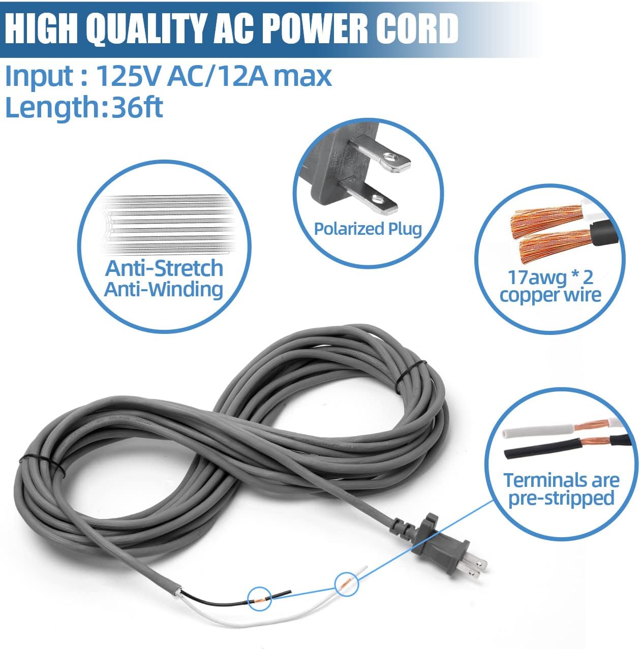 Shark Power Cord - 36ft Replacement for Navigator & Rotator Lift-Away Vacuum Models