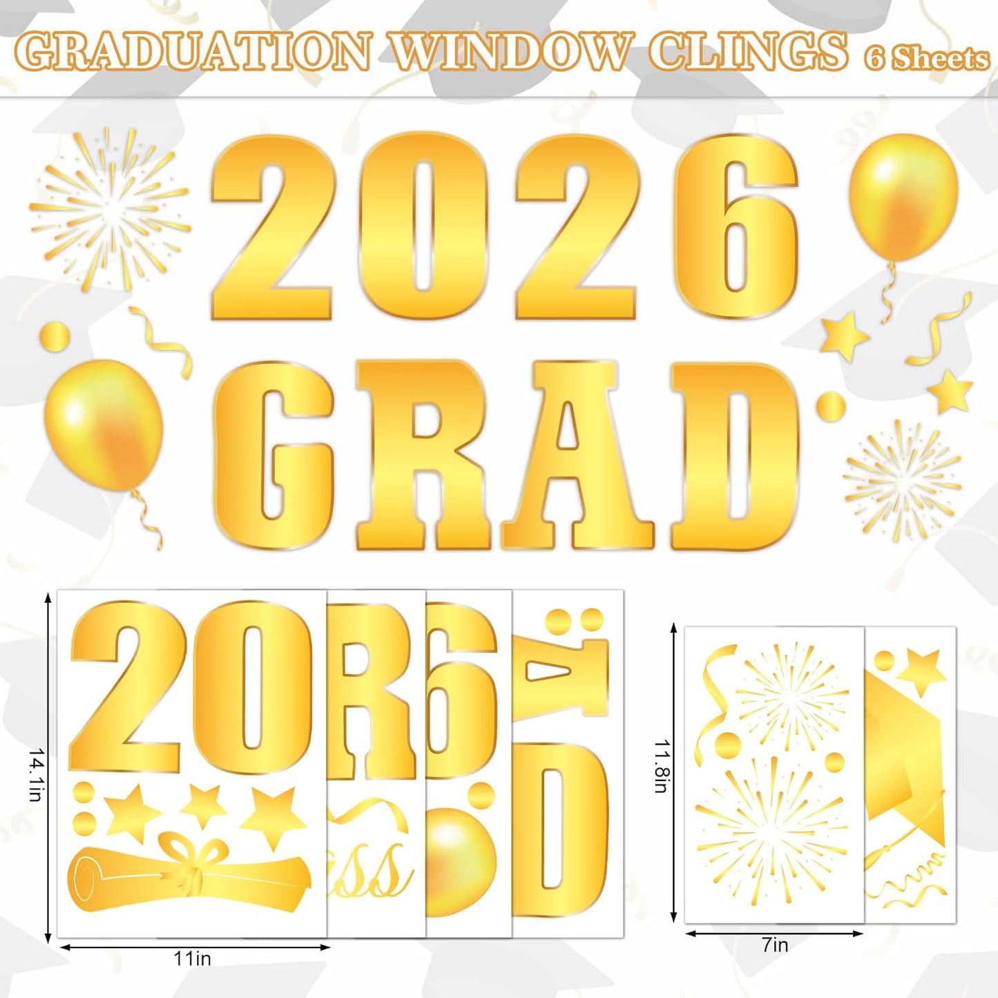 Whaline Graduation Window Clings - Class of 2026 Gold Foil Congrats Grad Decals | Reusable Home & Classroom Decor