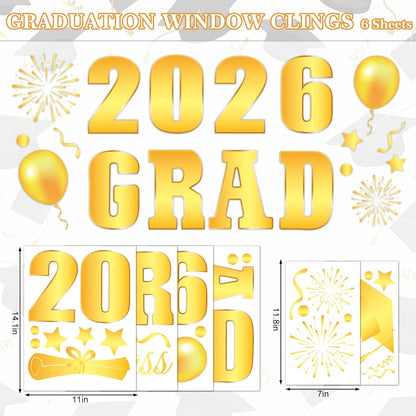 Whaline Graduation Window Clings - Class of 2026 Gold Foil Congrats Grad Decals | Reusable Home & Classroom Decor