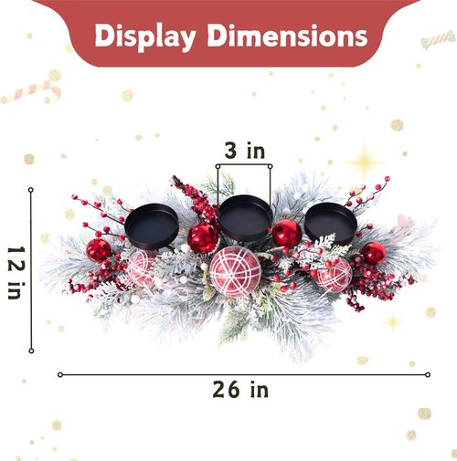 Christmas Candle Holder Centerpiece - Red Ornaments & Berries with Frosted Pine Branches | Holiday Table Decoration
