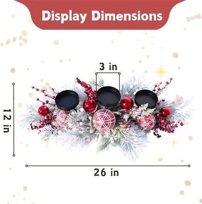 Christmas Candle Holder Centerpiece - Red Ornaments & Berries with Frosted Pine Branches | Holiday Table Decoration