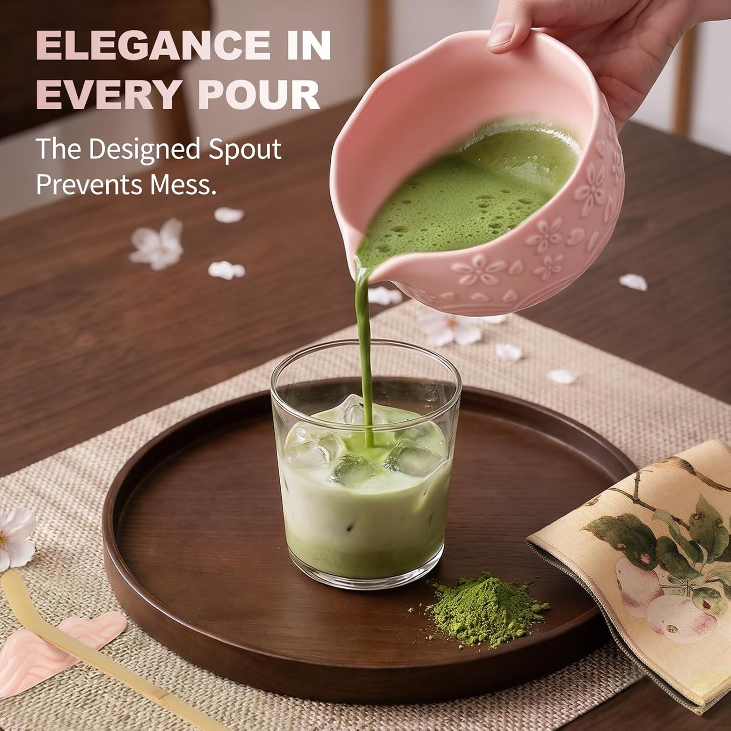 SIMPLETaste Matcha Whisk Set - 7-Piece Ceramic Kit with Bowl, Whisk, Bamboo Scoop & More | Pink