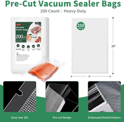 Aotto Vacuum Sealer Bags - 200 Count Quart | 8" x 12" Heavy Duty BPA-Free Food Storage Bags
