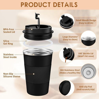 KETIEE Travel Mug - 12oz Vacuum Insulated Coffee Tumbler with Leakproof Lid | Black Stainless Steel