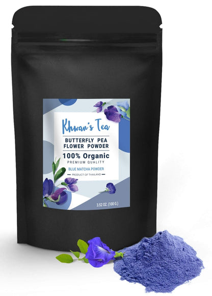 KHWAN'S TEA Butterfly Pea Flower Powder Extract, Culinary Grade Natural Food Coloring Blue Matcha Powder Tea, 3.5 Oz