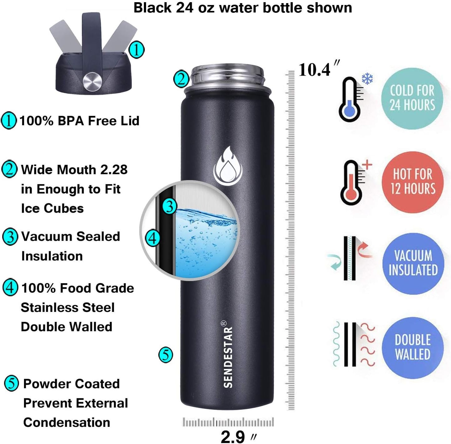 SENDESTAR Insulated Water Bottle - 24 Oz Wide Mouth with Straw & Spout Lid | Double Wall Stainless Steel, Leak Proof, Black