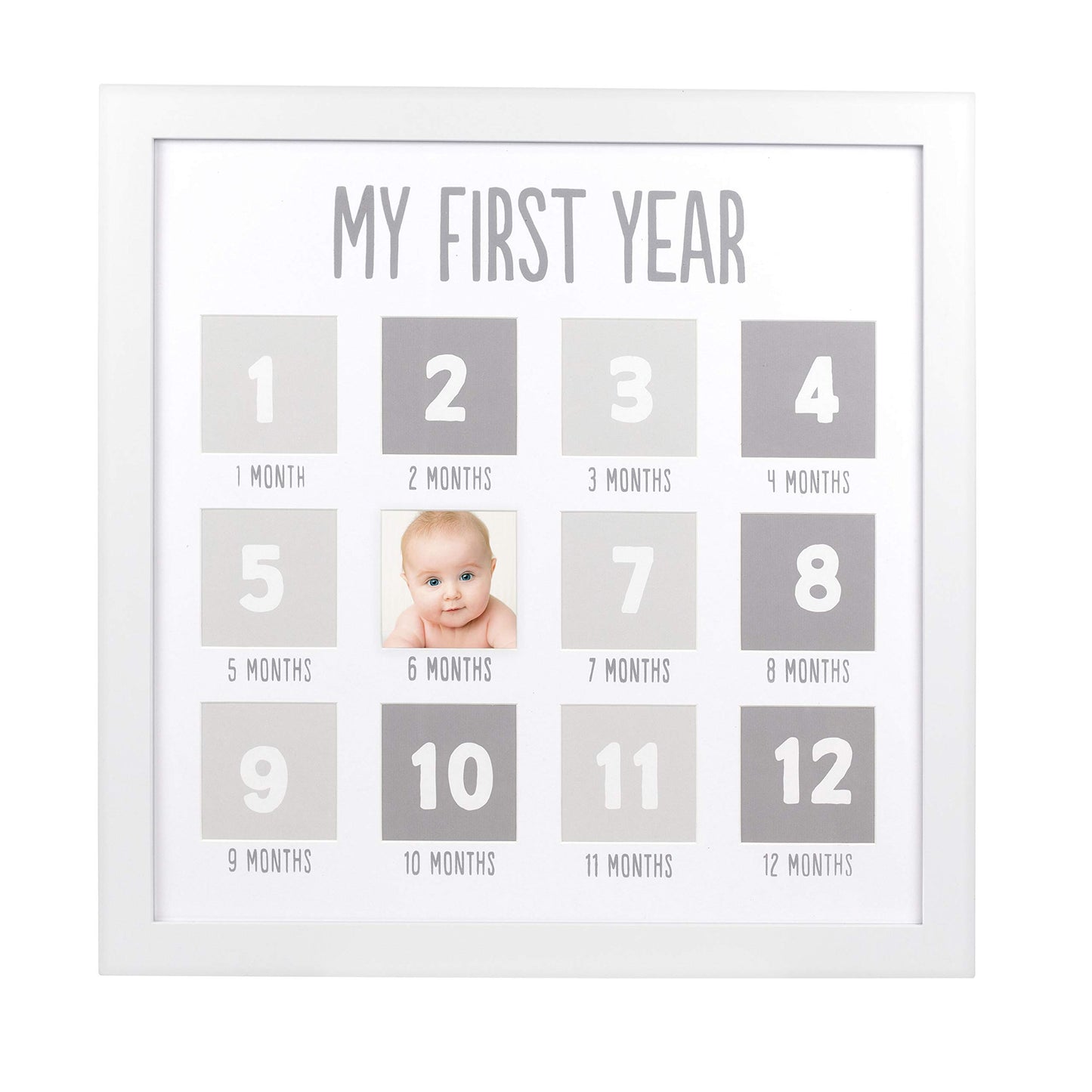 Pearhead My First Year Photo Moments Baby Keepsake Picture Frame, Baby's First Year Photo Frame, Gender-Neutral Baby Milestone Nursery Decor, White and Gray