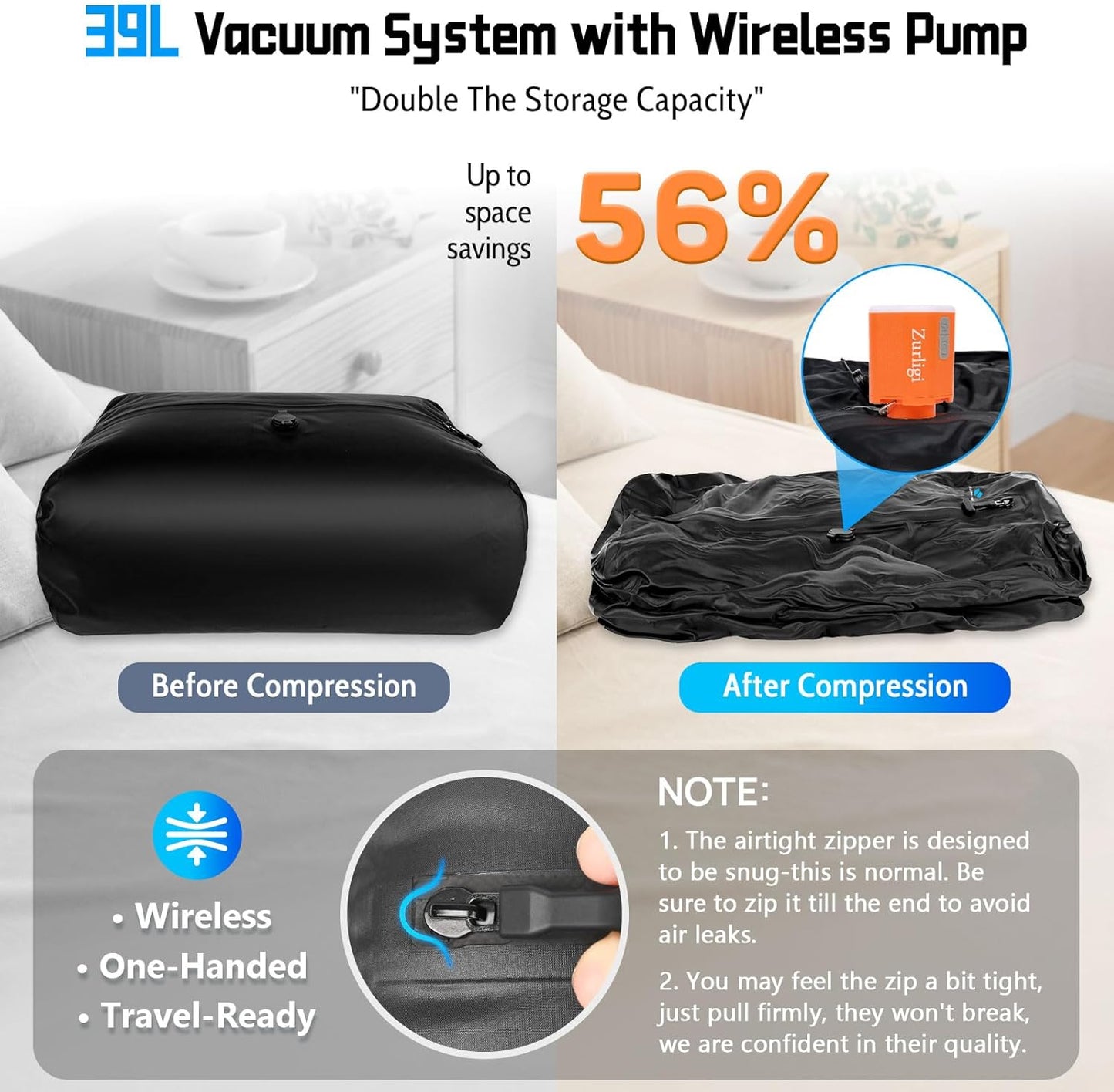 Zurligi Travel Vacuum Bags - IPX8 Waterproof Compression Bags with Mini Pump | 39L, 2-Pack, Black