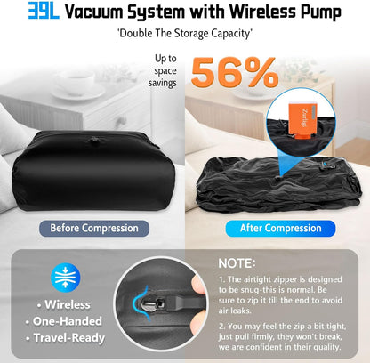 Zurligi Travel Vacuum Bags - IPX8 Waterproof Compression Bags with Mini Pump | 39L, 2-Pack, Black