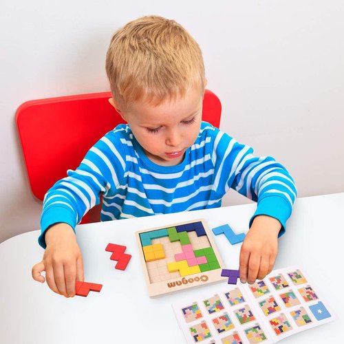 Coogam Wooden Puzzle Blocks - 3D Brain Teasers & Tangram Shapes | 60 Challenges for Kids & Adults
