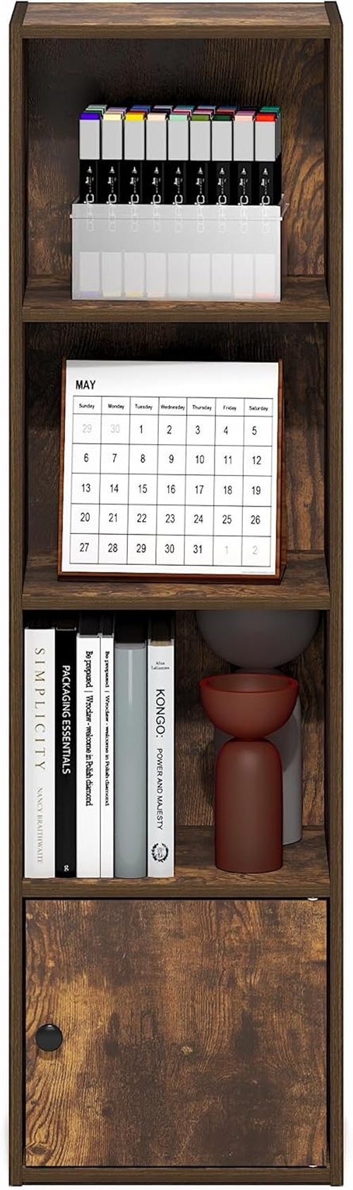 Furinno LUDER 4-Tier Bookshelf - Open Shelf & Door Cabinet for Organization | Amber Pine, 9.3 x 12 x 41.8