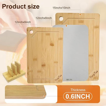 Bamboo Cutting Board Set by [Brand Name] | 3-Piece Kitchen Prep Station with Juice Grooves & Stainless Steel Defrosting Tray