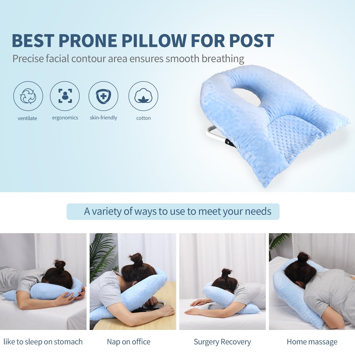 Beatvive Face Down Pillow for Sleeping, Prone Pillow for Vitrectomy or Retinal Surgery, Adjustable Height Prone Prone Pillow Face Down Sleep, Retina Lying Pillow Eye Surgery Recovery (Dot-Light blue)