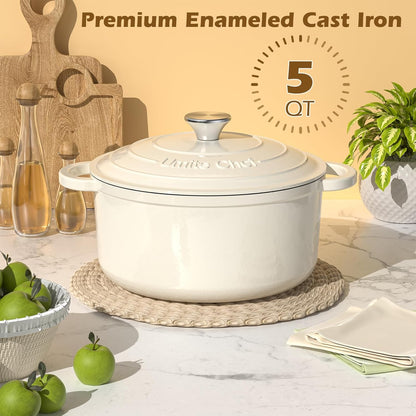 Umite Chef Enameled Cast Iron Dutch Oven - 5QT Heavy-Duty Pot with Lid & Potholders | Cream White for Baking & Stews