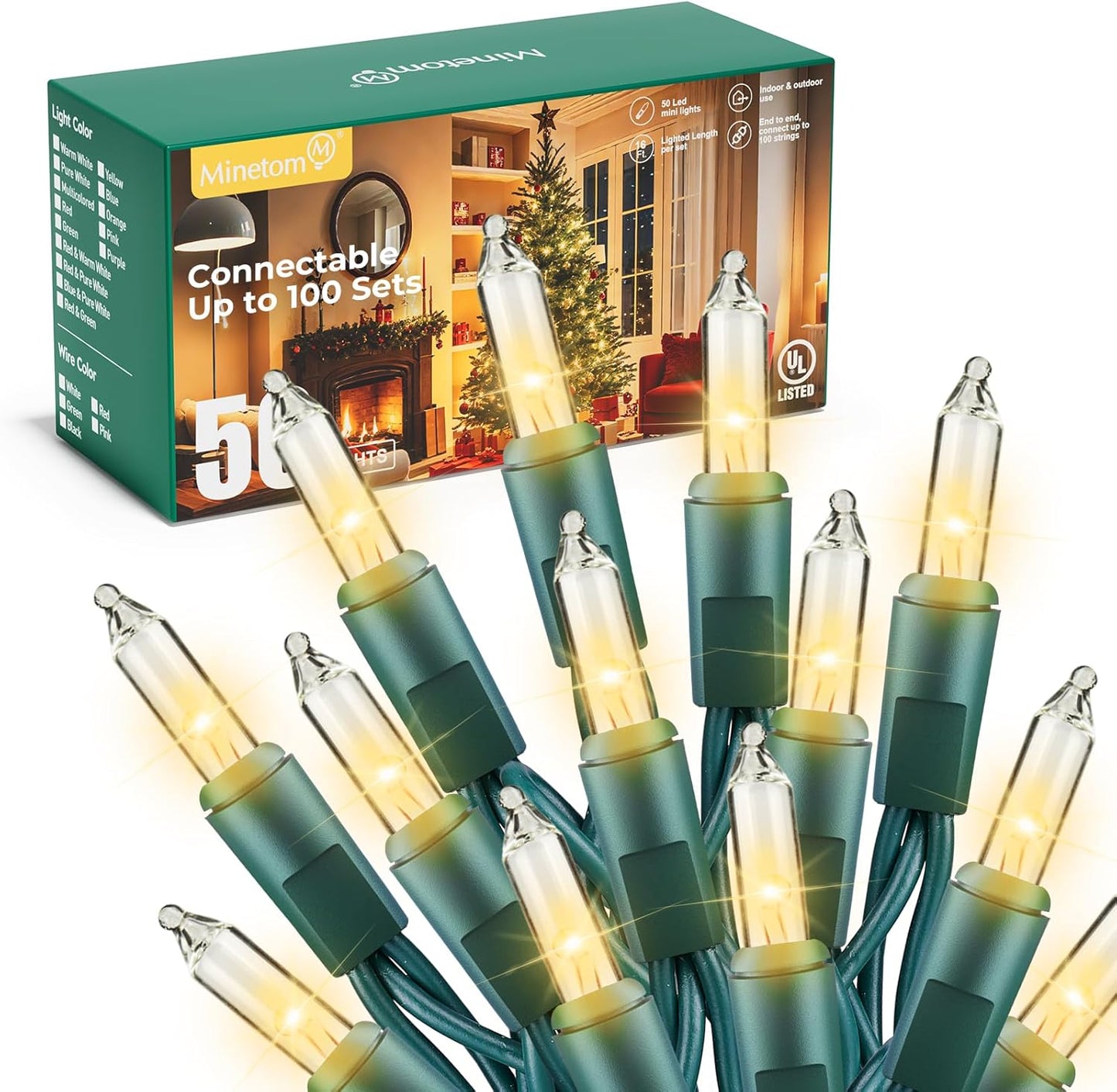 Minetom LED Christmas String Lights - 50 Count, 16 Feet - Clear White Bulbs for Indoor/Outdoor Decor