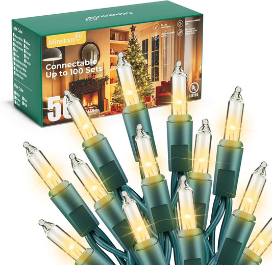 Minetom LED Christmas String Lights - 50 Count, 16 Feet - Clear White Bulbs for Indoor/Outdoor Decor