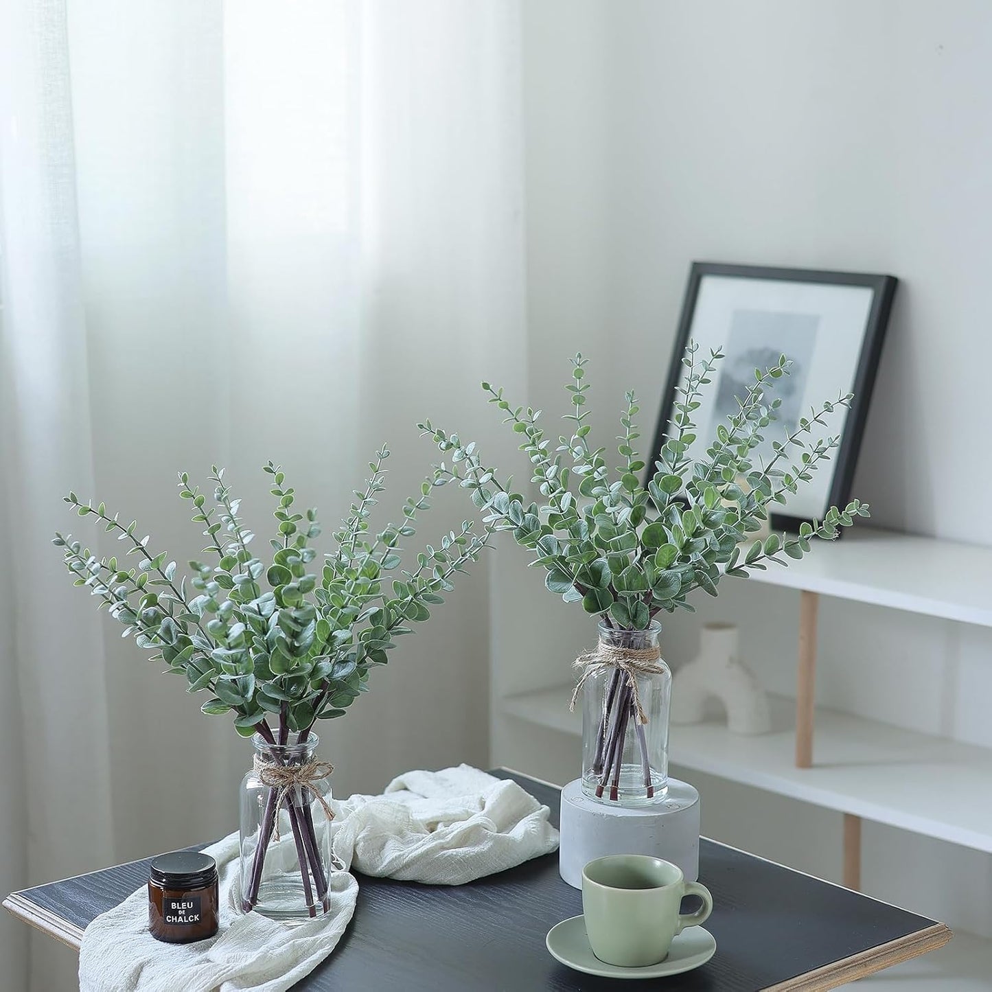 VIERENA Eucalyptus Stems - 17.5" Artificial Plant in Glass Vase with Faux Water | Sage Green Centerpiece Decor